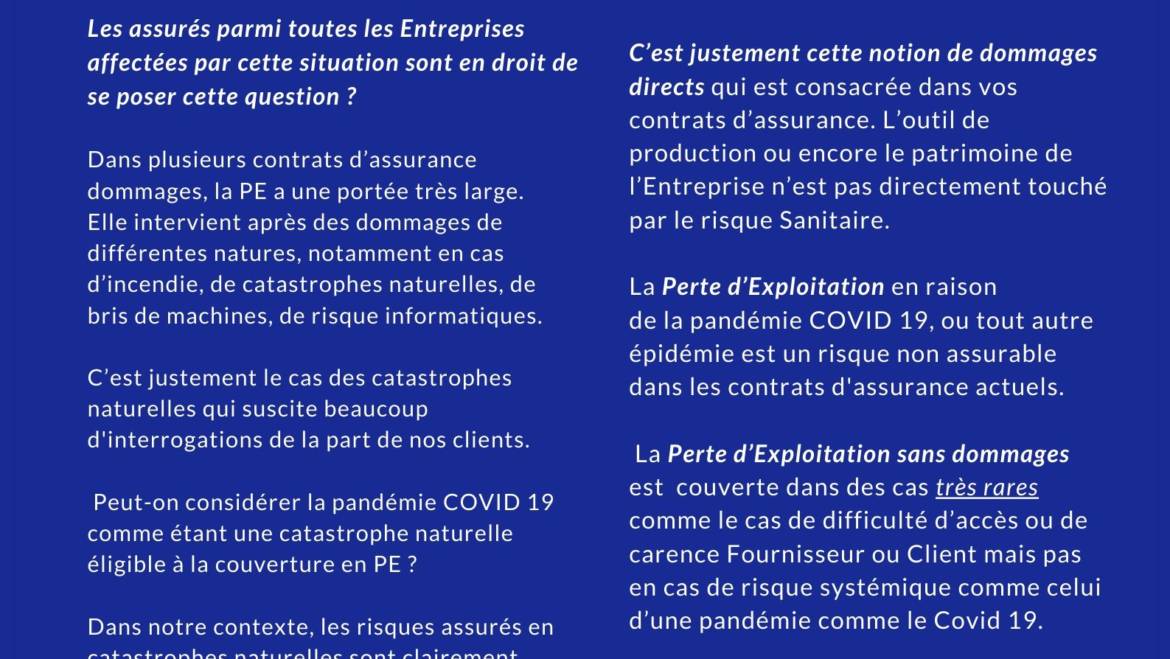 Couverture perte d’exploitation (PE) dans le contexte COVID19
