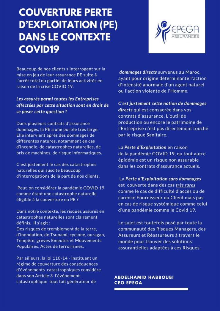 Couverture perte d’exploitation (PE) dans le contexte COVID19